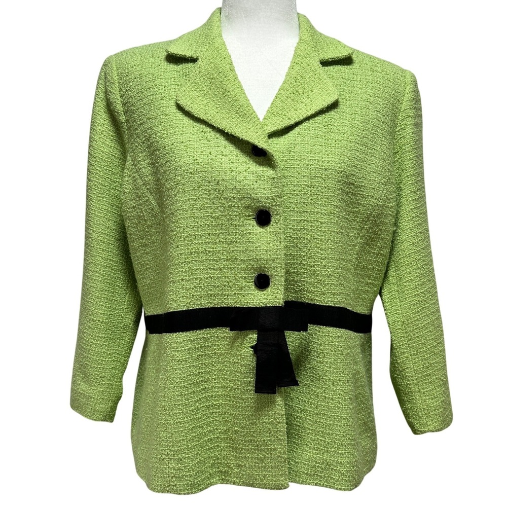Sag Harbor Petite Lime Green Tweed Blazer Black Bow‎ Ribbon Jacket 12P Vintage